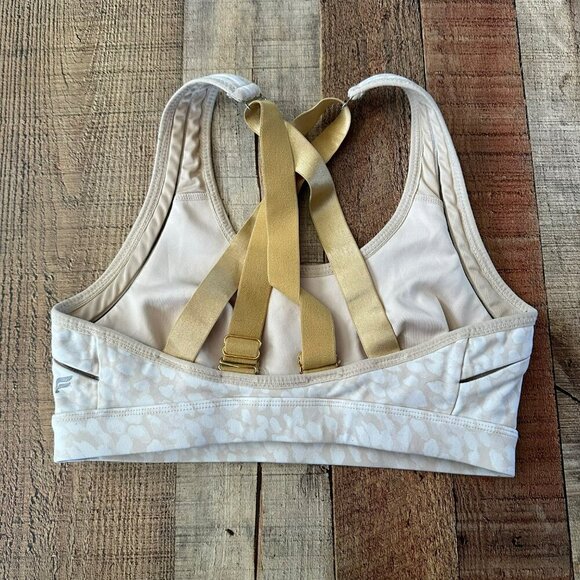 Fabletics Light Beige & White Patterned Sports Bra With Gold Straps - Picture 5 of 6